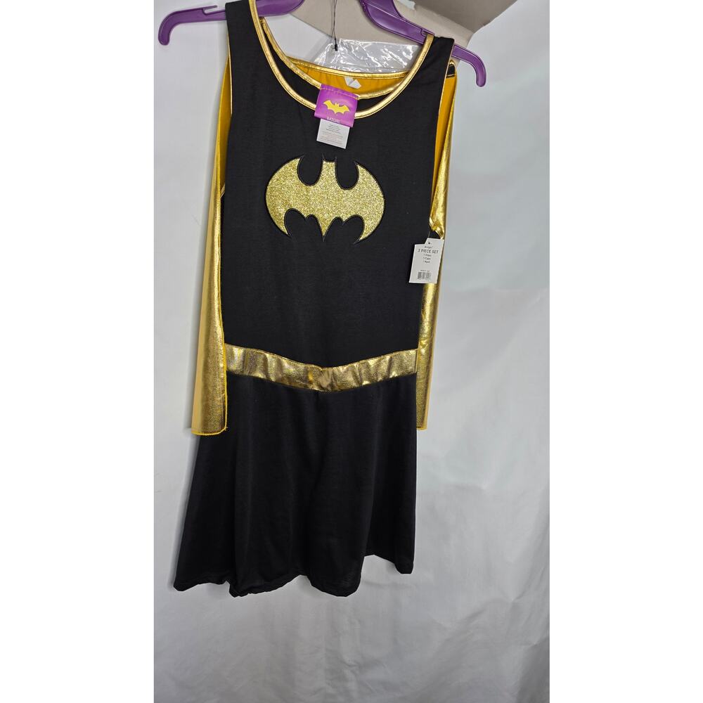 DC Batgirl Costume Women's Large 12-14 Black Gold Dress Cape Mask 3 Pc - Picture 3 of 12